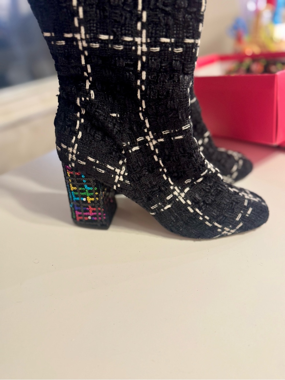 Betsy Johnson Black Tweed Ankle Boots with Embellished Rainbow Heel- Size 9.5